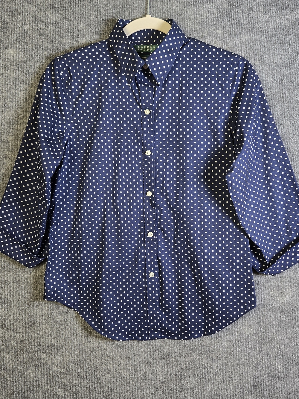 Lauren Ralph Lauren Top Womens S Petite Blue White Dots Button Up Roll Cuff